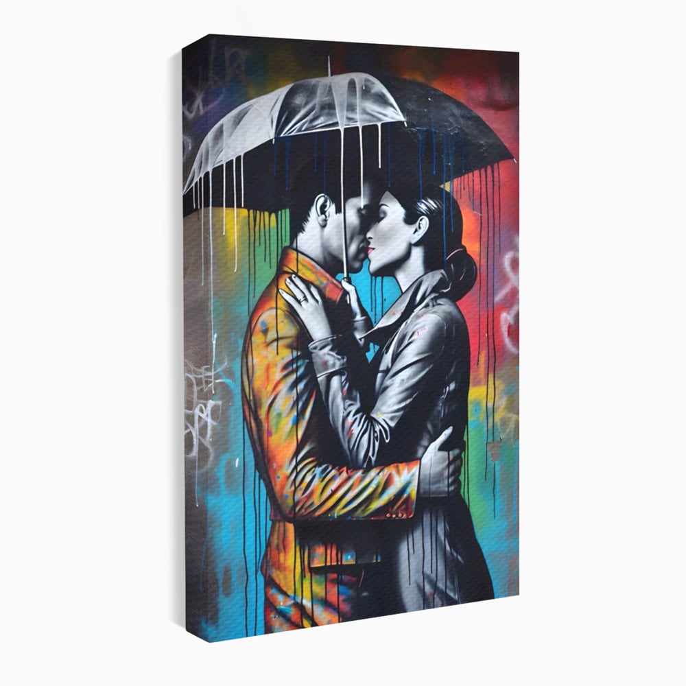 Tablou canvas cu tablou cuplu sub umbrela, fara rama, pe sasiu de lemn